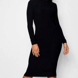Ribbed High Neck Long Sleeve Midi Dress